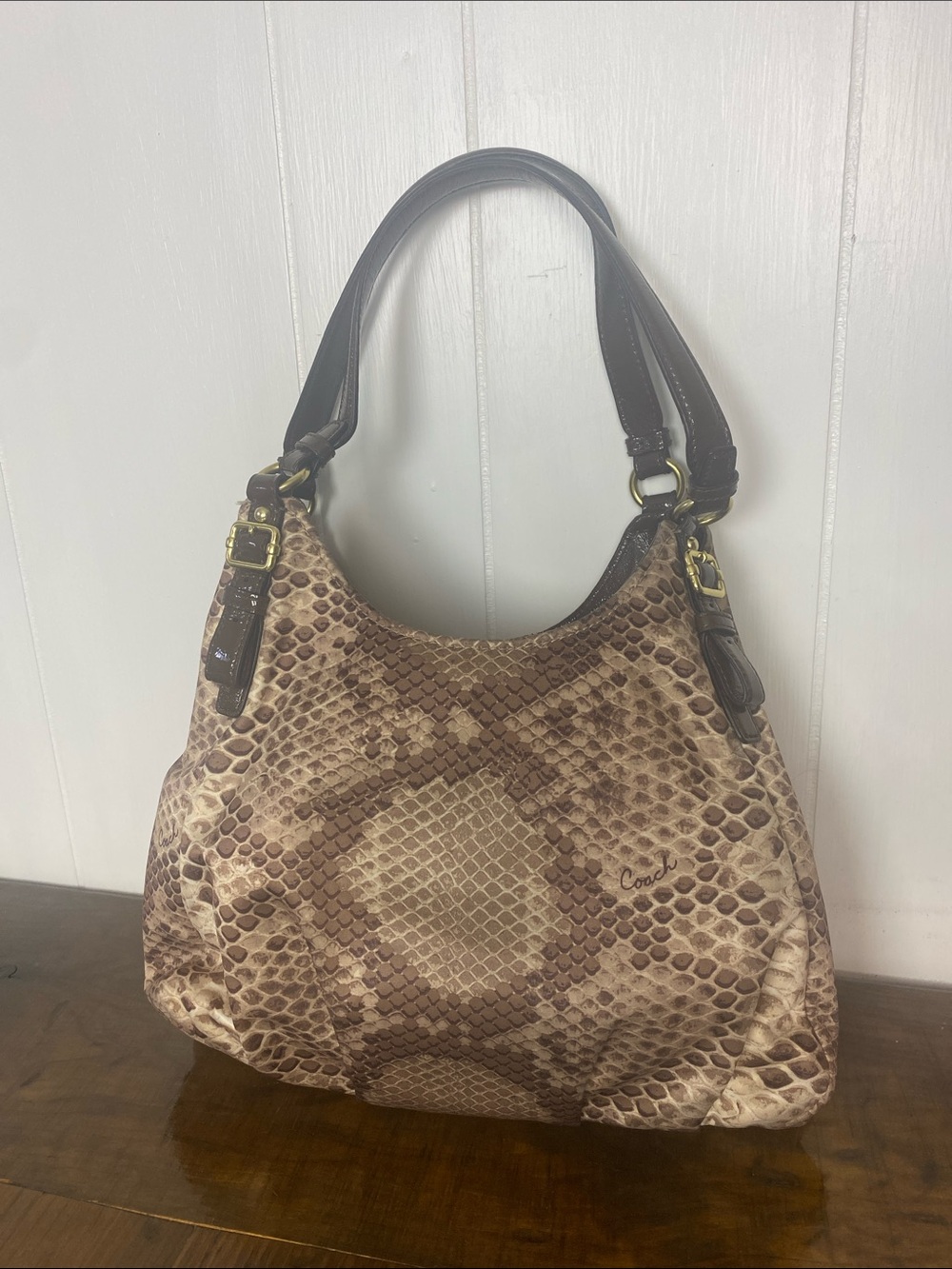 COACH 19843 Madison Maggie Tan Cream Python Snake Print Sateen Fabric Hobo Bag - Picture 6 of 11